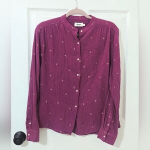 Brava Fabrics Dusk Cotton Blouse XS Purple Boho Embroidered Button Up Ethical